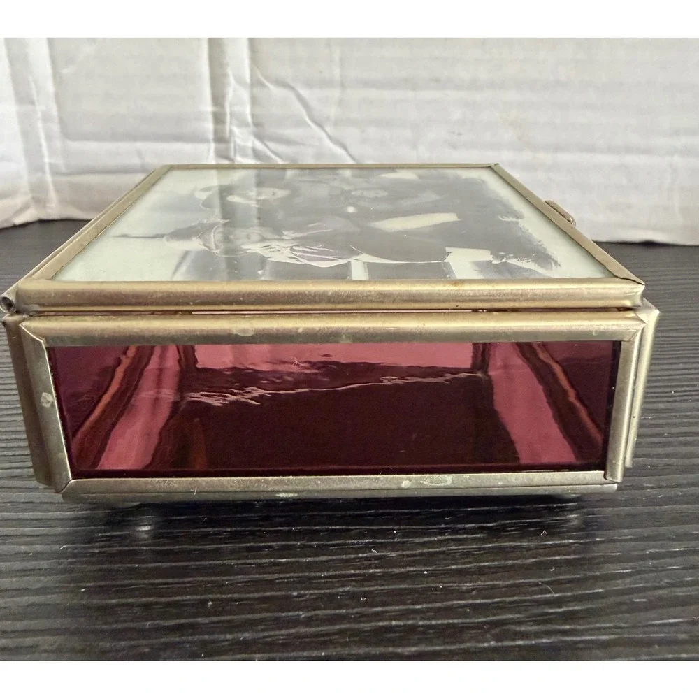 Vintage Enesco Stained Glass Jewelry Box Cranberry Purple Brass Photo Lid Mexico